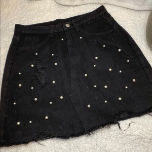 Black Distressed Denim Mini Skirt w/ Pearl Detail